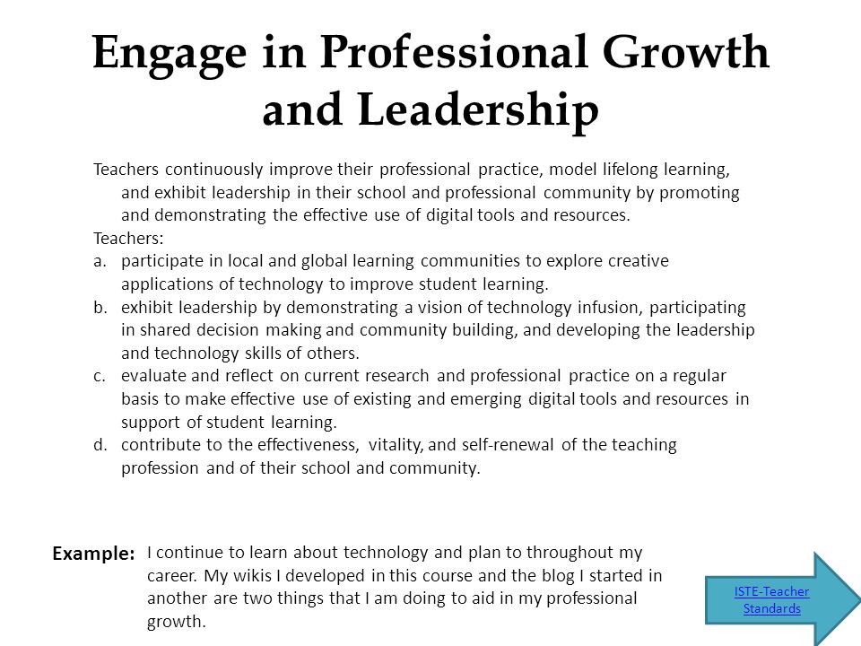 Engage in Professional Growth and Leadership Teachers continuously improve their professional practice, model lifelong learning, and exhibit leadership in their school and professional community by promoting and demonstrating the effective use of digital tools and resources.