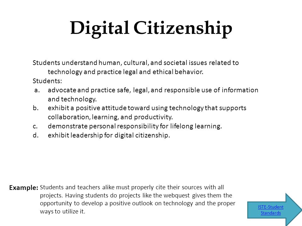 Digital Citizenship Students understand human, cultural, and societal issues related to technology and practice legal and ethical behavior.