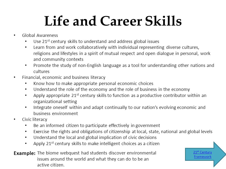 Life and Career Skills 21 st Century Framework Example: Global Awareness Use 21 st century skills to understand and address global issues Learn from and work collaboratively with individual representing diverse cultures, religions and lifestyles in a spirit of mutual respect and open dialogue in personal, work and community contexts Promote the study of non-English language as a tool for understanding other nations and cultures Financial, economic and business literacy Know how to make appropriate personal economic choices Understand the role of the economy and the role of business in the economy Apply appropriate 21 st century skills to function as a productive contributor within an organizational setting Integrate oneself within and adapt continually to our nation’s evolving economic and business environment Civic literacy Be an informed citizen to participate effectively in government Exercise the rights and obligations of citizenship at local, state, national and global levels Understand the local and global implication of civic decisions Apply 21 st century skills to make intelligent choices as a citizen The biome webquest had students discover environmental issues around the world and what they can do to be an active citizen.