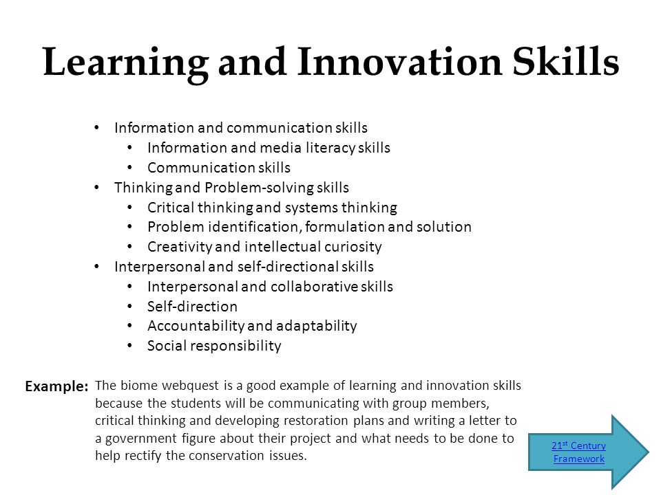 Learning and Innovation Skills 21 st Century Framework Example: Information and communication skills Information and media literacy skills Communication skills Thinking and Problem-solving skills Critical thinking and systems thinking Problem identification, formulation and solution Creativity and intellectual curiosity Interpersonal and self-directional skills Interpersonal and collaborative skills Self-direction Accountability and adaptability Social responsibility The biome webquest is a good example of learning and innovation skills because the students will be communicating with group members, critical thinking and developing restoration plans and writing a letter to a government figure about their project and what needs to be done to help rectify the conservation issues.