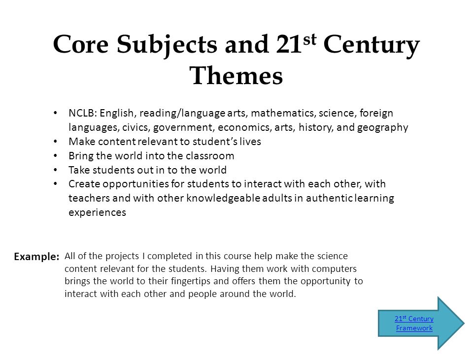 Core Subjects and 21 st Century Themes 21 st Century Framework Example: NCLB: English, reading/language arts, mathematics, science, foreign languages, civics, government, economics, arts, history, and geography Make content relevant to student’s lives Bring the world into the classroom Take students out in to the world Create opportunities for students to interact with each other, with teachers and with other knowledgeable adults in authentic learning experiences All of the projects I completed in this course help make the science content relevant for the students.