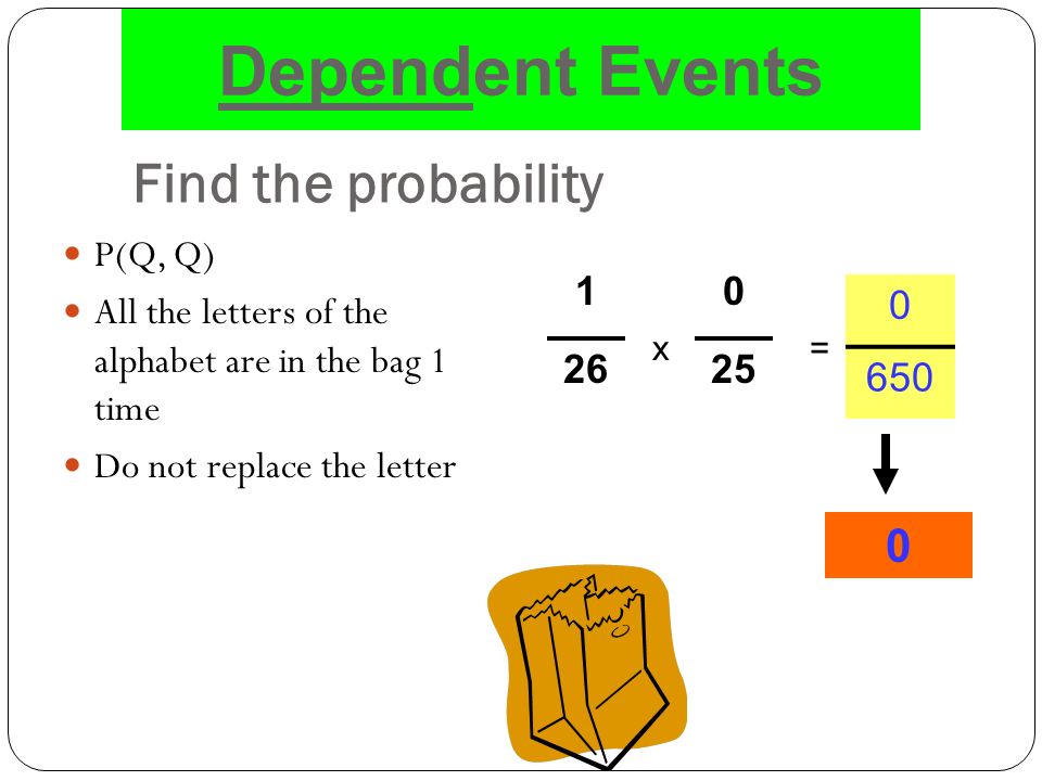 Find the probability P(Q, Q) All the letters of the alphabet are in the bag 1 time Do not replace the letter x= Dependent Events