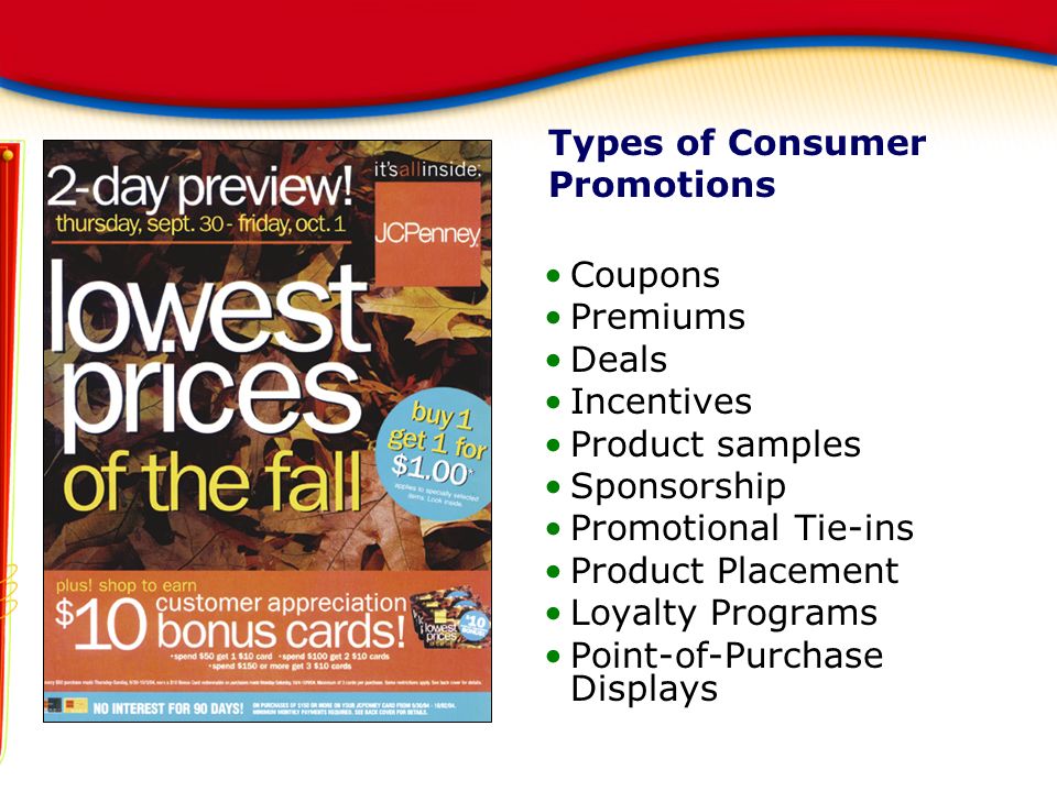 Types of Consumer Promotions Coupons Premiums Deals Incentives Product samples Sponsorship Promotional Tie-ins Product Placement Loyalty Programs Point-of-Purchase Displays