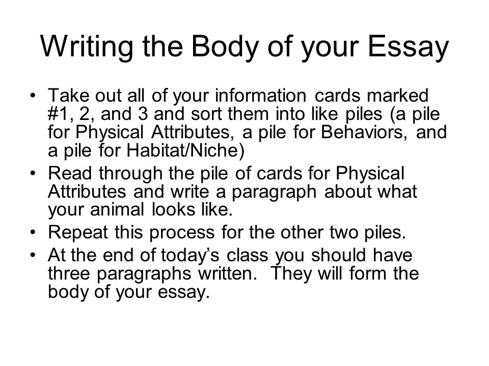 Writing the Body of your Essay Take out all of your information cards marked #1, 2, and 3 and sort them into like piles (a pile for Physical Attributes, a pile for Behaviors, and a pile for Habitat/Niche) Read through the pile of cards for Physical Attributes and write a paragraph about what your animal looks like.