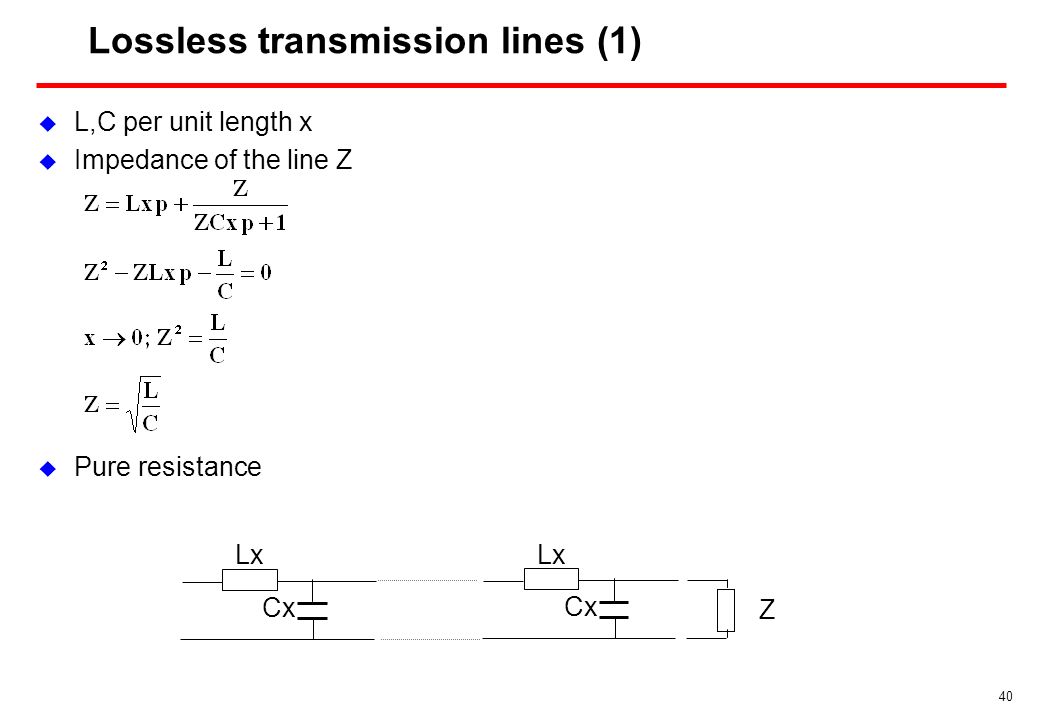 40 Lossless transmission lines (1)  L,C per unit length x  Impedance of the line Z Z Lx Cx Lx Cx  Pure resistance