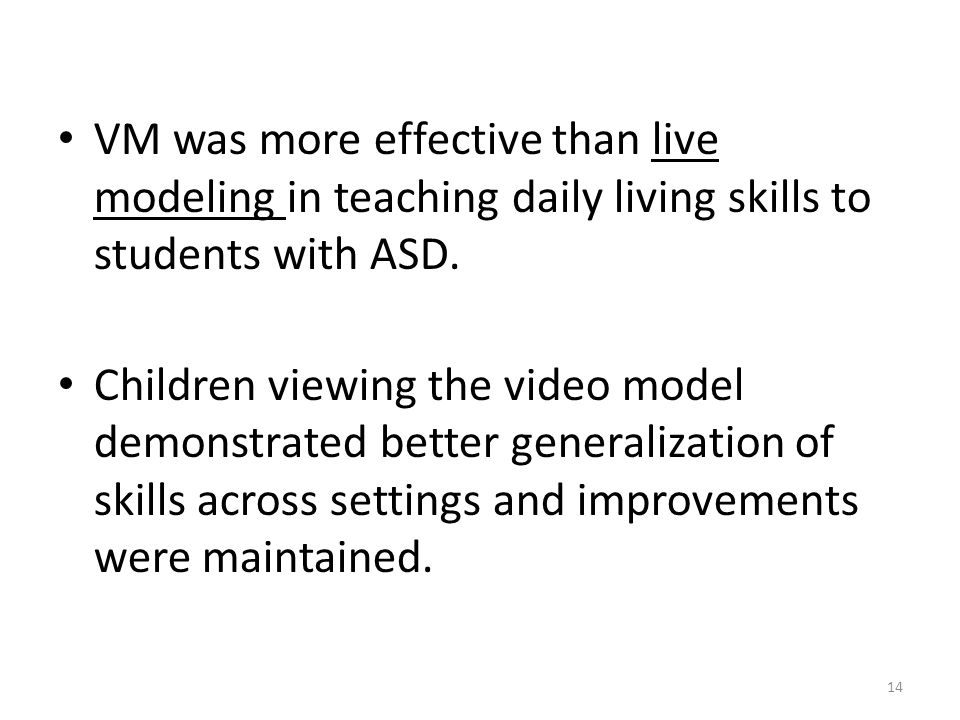 VM was more effective than live modeling in teaching daily living skills to students with ASD.