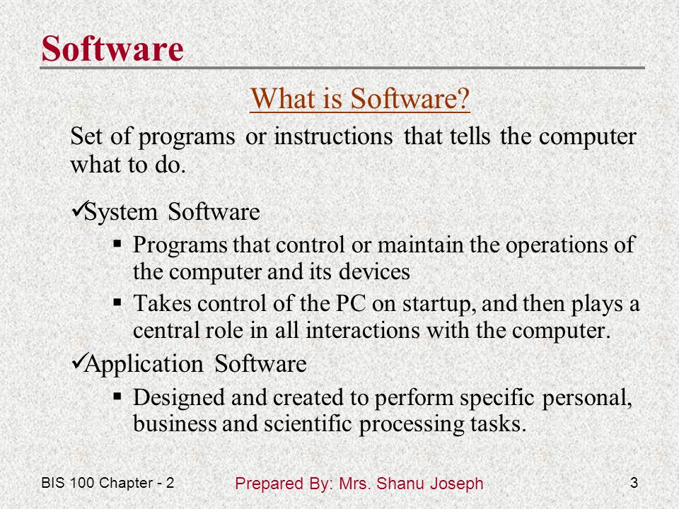 Prepared By: Mrs. Shanu Joseph BIS 100 Chapter - 23 What is Software.