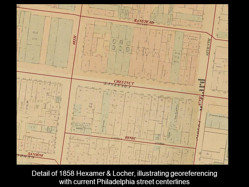 Detail of 1858 Hexamer & Locher, illustrating georeferencing with current Philadelphia street centerlines