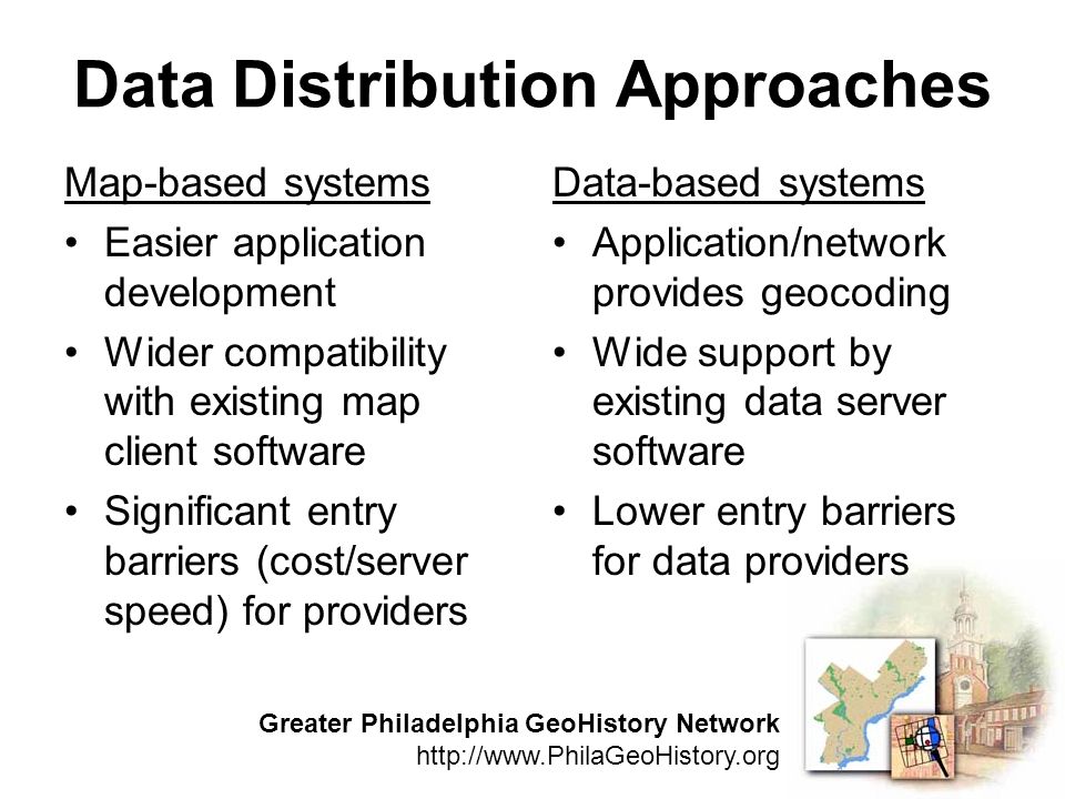 Greater Philadelphia GeoHistory Network   Data Distribution Approaches Map-based systems Easier application development Wider compatibility with existing map client software Significant entry barriers (cost/server speed) for providers Data-based systems Application/network provides geocoding Wide support by existing data server software Lower entry barriers for data providers