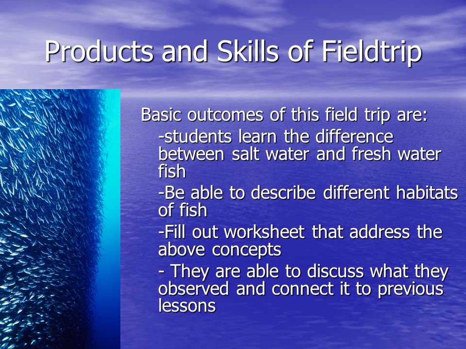 Products and Skills of Fieldtrip Basic outcomes of this field trip are: -students learn the difference between salt water and fresh water fish -Be able to describe different habitats of fish -Fill out worksheet that address the above concepts - They are able to discuss what they observed and connect it to previous lessons