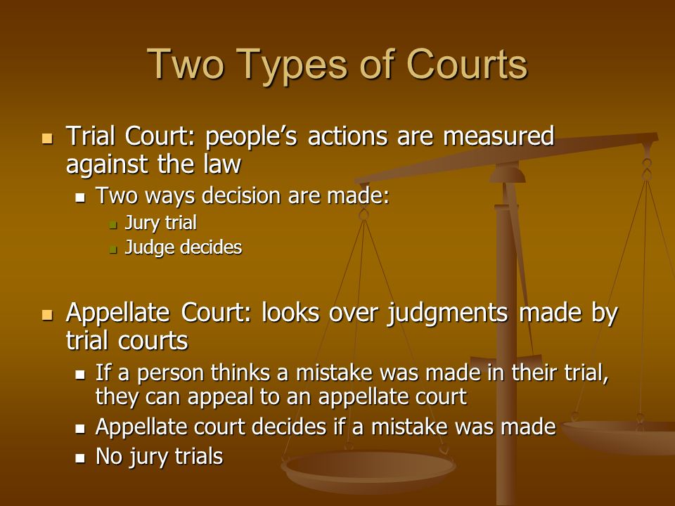 Two Types of Courts Trial Court: people’s actions are measured against the law Trial Court: people’s actions are measured against the law Two ways decision are made: Two ways decision are made: Jury trial Jury trial Judge decides Judge decides Appellate Court: looks over judgments made by trial courts Appellate Court: looks over judgments made by trial courts If a person thinks a mistake was made in their trial, they can appeal to an appellate court If a person thinks a mistake was made in their trial, they can appeal to an appellate court Appellate court decides if a mistake was made Appellate court decides if a mistake was made No jury trials No jury trials