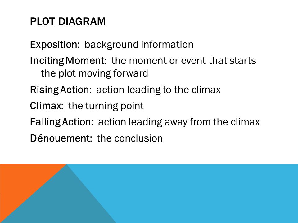 PLOT DIAGRAM Exposition: background information Inciting Moment: the moment or event that starts the plot moving forward Rising Action: action leading to the climax Climax: the turning point Falling Action: action leading away from the climax Dénouement: the conclusion