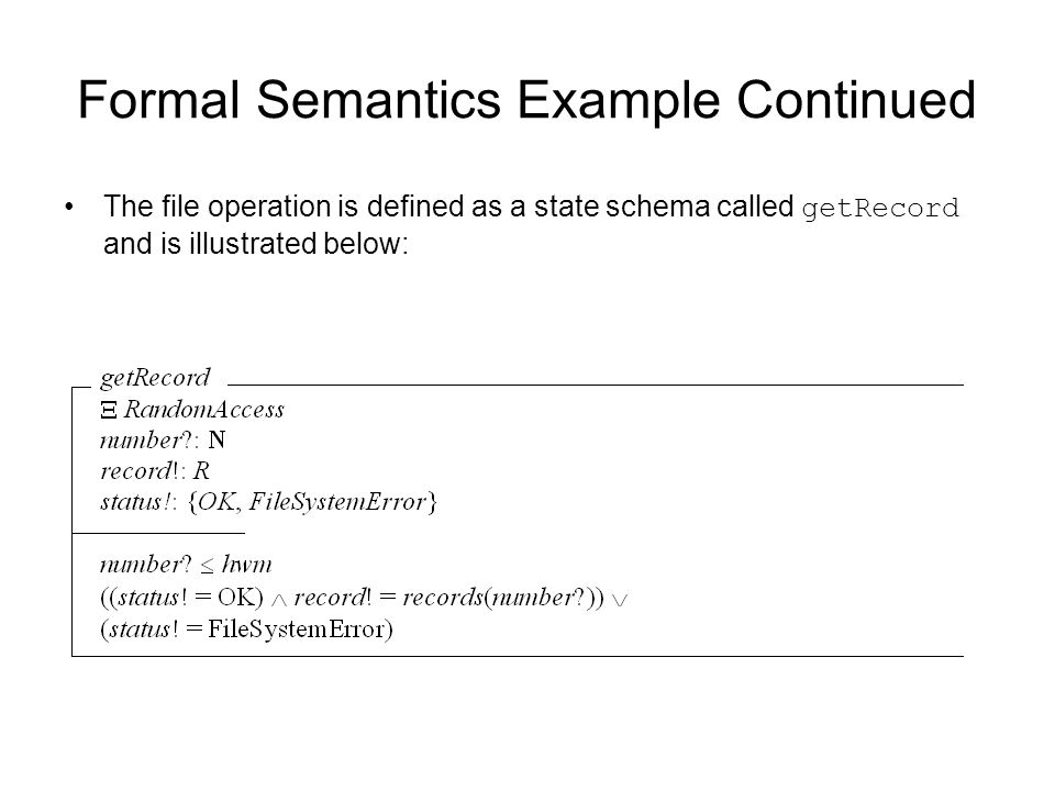 Formal Semantics Example Continued The file operation is defined as a state schema called getRecord and is illustrated below: