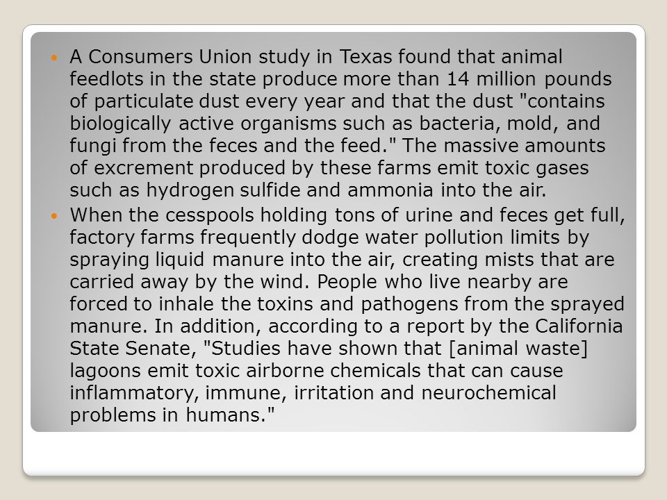 A Consumers Union study in Texas found that animal feedlots in the state produce more than 14 million pounds of particulate dust every year and that the dust contains biologically active organisms such as bacteria, mold, and fungi from the feces and the feed. The massive amounts of excrement produced by these farms emit toxic gases such as hydrogen sulfide and ammonia into the air.