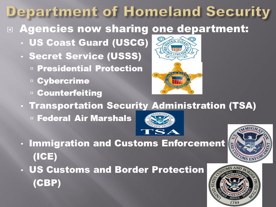 Agencies now sharing one department: US Coast Guard (USCG) Secret Service (USSS)  Presidential Protection  Cybercrime  Counterfeiting Transportation Security Administration (TSA)  Federal Air Marshals Immigration and Customs Enforcement (ICE) US Customs and Border Protection (CBP)