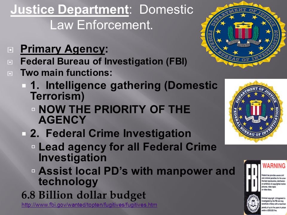  Primary Agency:  Federal Bureau of Investigation (FBI)  Two main functions:  1.
