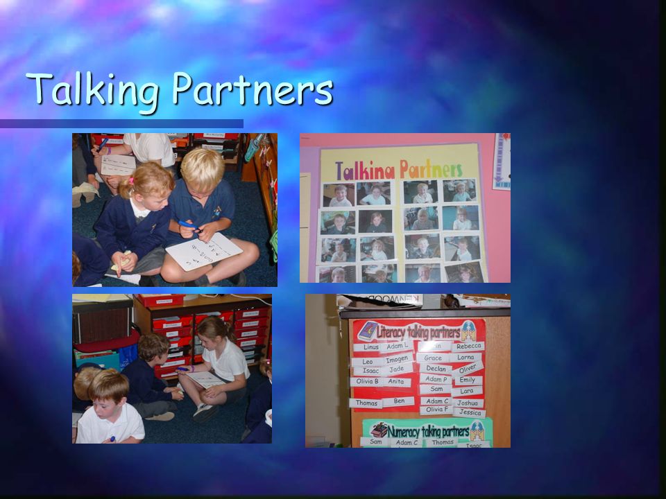 Talking Partners Are randomly selected and they are changed on a three weekly basis (or twice in a half term depending on term length) Are randomly selected and they are changed on a three weekly basis (or twice in a half term depending on term length) In Key Stage 2 partners are selected for Literacy, Numeracy and Other Subjects, in Key Stage 1 the children keep the same partner for all subjects and change them every two weeks.