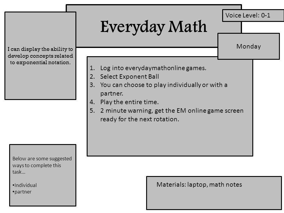 Everyday Math I can display the ability to develop concepts related to exponential notation.