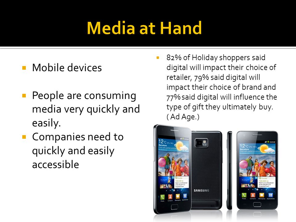  Mobile devices  People are consuming media very quickly and easily.