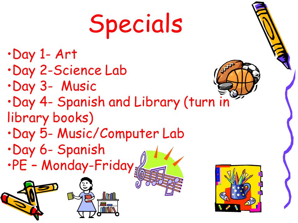 Specials Day 1- Art Day 2-Science Lab Day 3- Music Day 4- Spanish and Library (turn in library books) Day 5- Music/Computer Lab Day 6- Spanish PE – Monday-Friday