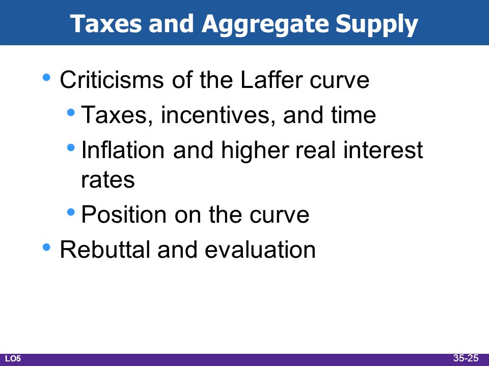 Taxes and Aggregate Supply Criticisms of the Laffer curve Taxes, incentives, and time Inflation and higher real interest rates Position on the curve Rebuttal and evaluation LO