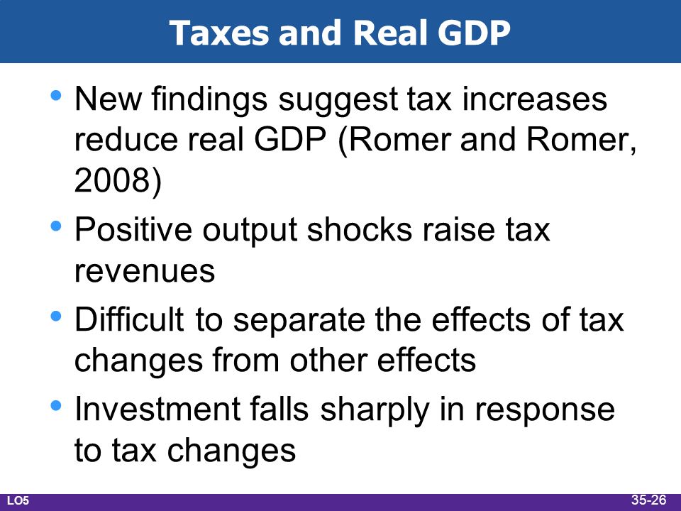 Taxes and Real GDP New findings suggest tax increases reduce real GDP (Romer and Romer, 2008) Positive output shocks raise tax revenues Difficult to separate the effects of tax changes from other effects Investment falls sharply in response to tax changes LO