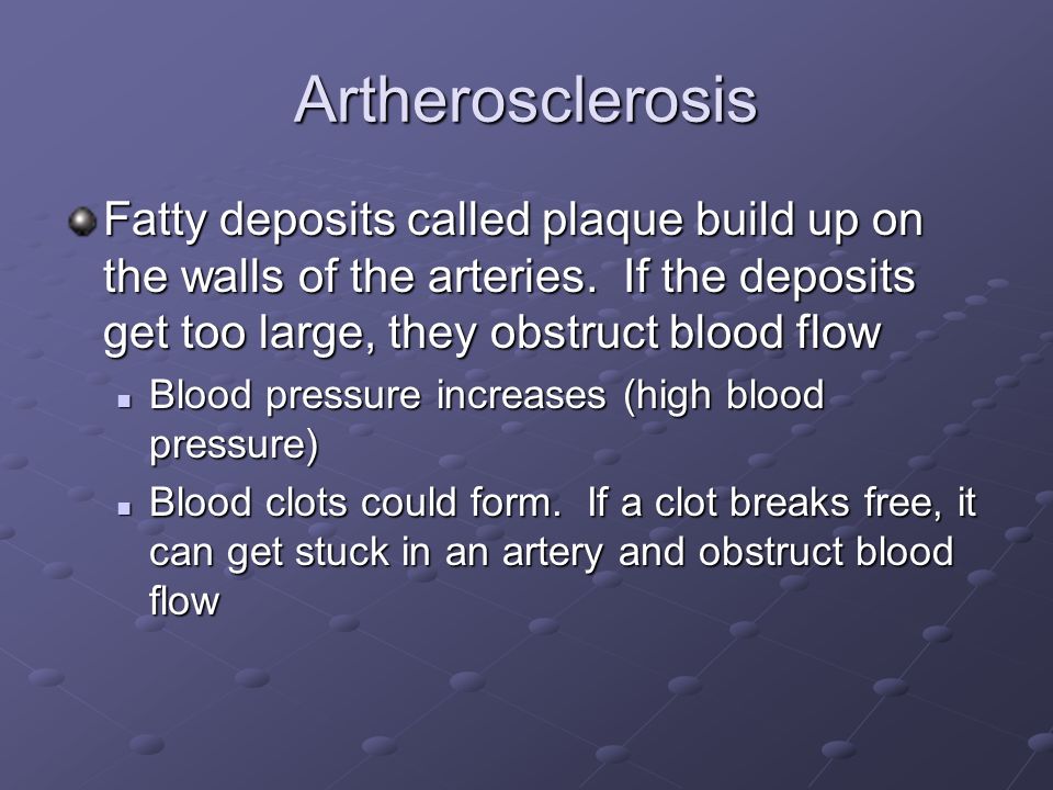 Artherosclerosis Fatty deposits called plaque build up on the walls of the arteries.