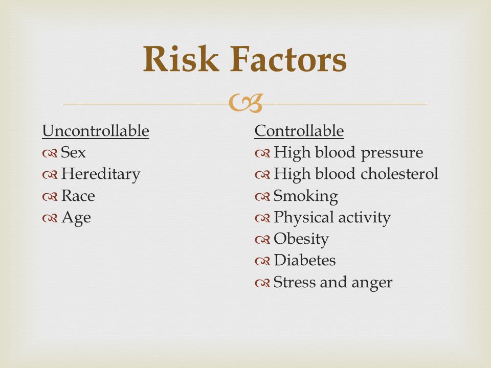  Risk Factors Uncontrollable  Sex  Hereditary  Race  Age Controllable  High blood pressure  High blood cholesterol  Smoking  Physical activity  Obesity  Diabetes  Stress and anger