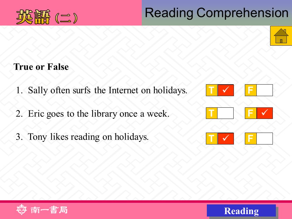 Reading Comprehension True or False 1. Sally often surfs the Internet on holidays.