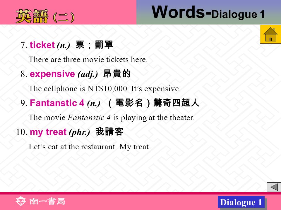 Words- Dialogue 1 Dialogue 1 7. ticket (n.) 票；罰單 There are three movie tickets here.