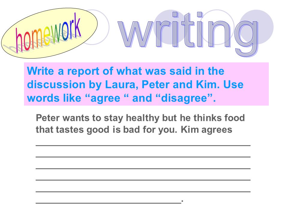 Write a report of what was said in the discussion by Laura, Peter and Kim.