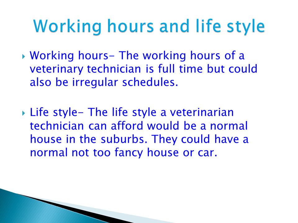  Working hours- The working hours of a veterinary technician is full time but could also be irregular schedules.