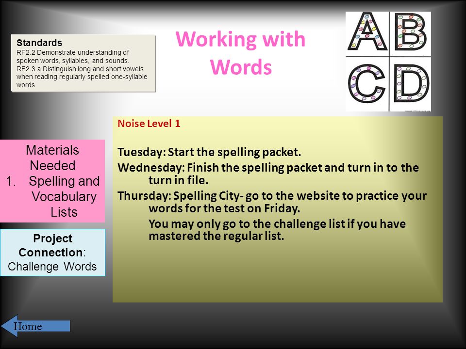 Working with Words Noise Level 1 Tuesday: Start the spelling packet.