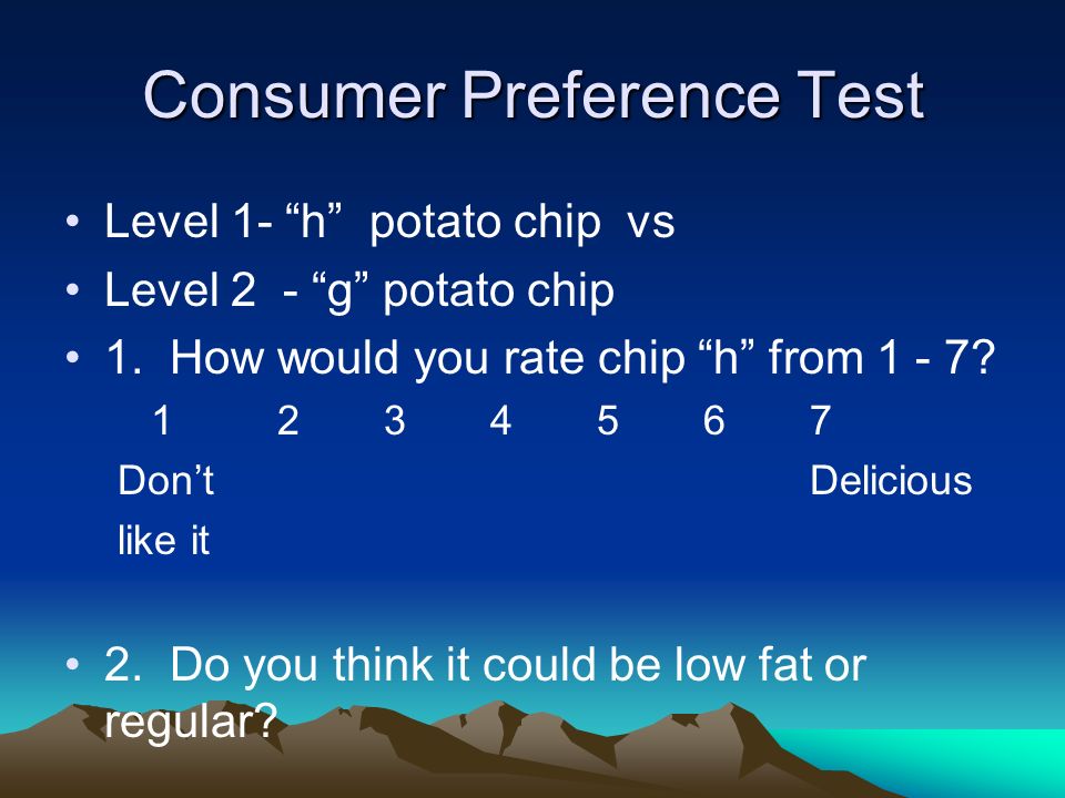 Consumer preferences. Test for prefer. Level of Potato. Test level 1