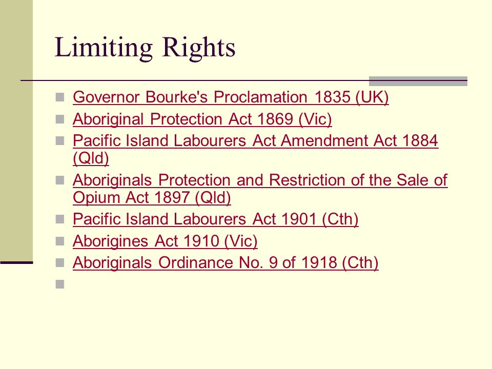 Limiting Rights Governor Bourke s Proclamation 1835 (UK) Aboriginal Protection Act 1869 (Vic) Pacific Island Labourers Act Amendment Act 1884 (Qld) Pacific Island Labourers Act Amendment Act 1884 (Qld) Aboriginals Protection and Restriction of the Sale of Opium Act 1897 (Qld) Aboriginals Protection and Restriction of the Sale of Opium Act 1897 (Qld) Pacific Island Labourers Act 1901 (Cth) Aborigines Act 1910 (Vic) Aboriginals Ordinance No.