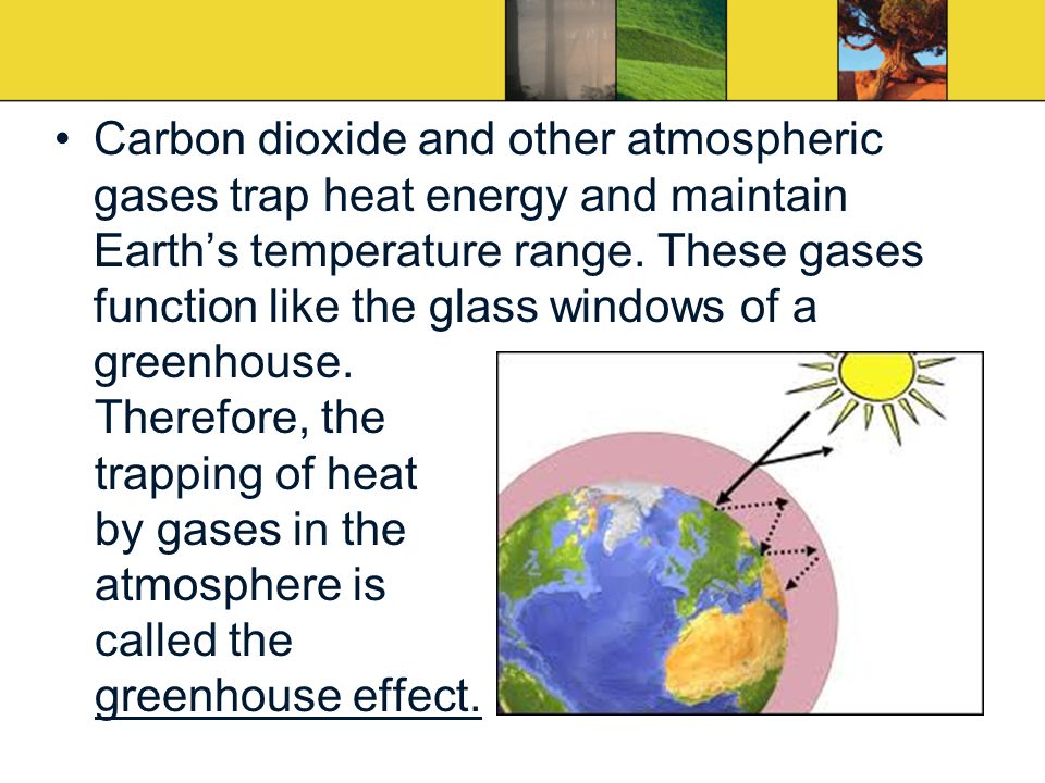Carbon dioxide and other atmospheric gases trap heat energy and maintain Earth’s temperature range.