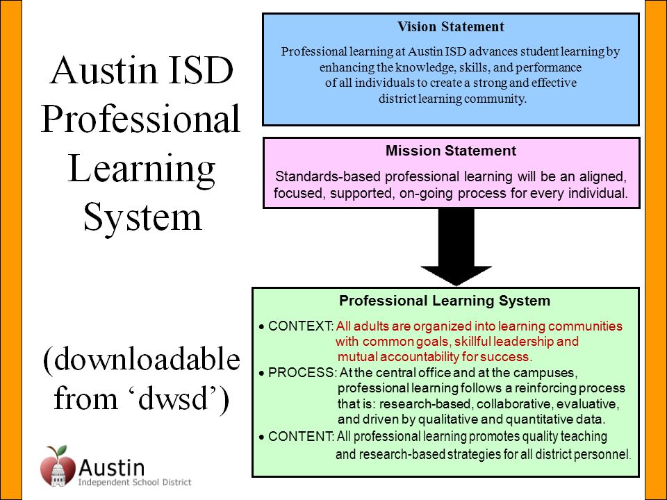 Vision Statement Professional learning at Austin ISD advances student learning by enhancing the knowledge, skills, and performance of all individuals to create a strong and effective district learning community.