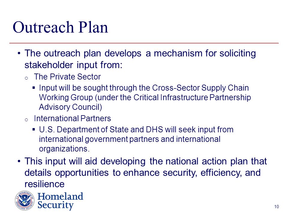 Presenter’s Name June 17, 2003 Outreach Plan The outreach plan develops a mechanism for soliciting stakeholder input from: o The Private Sector  Input will be sought through the Cross-Sector Supply Chain Working Group (under the Critical Infrastructure Partnership Advisory Council) o International Partners  U.S.