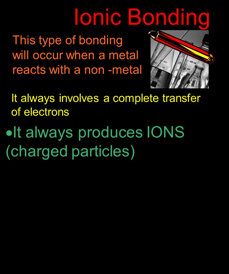 Ionic Bonding This type of bonding will occur when a metal reacts with a non -metal It always involves a complete transfer of electrons  It always produces IONS (charged particles)
