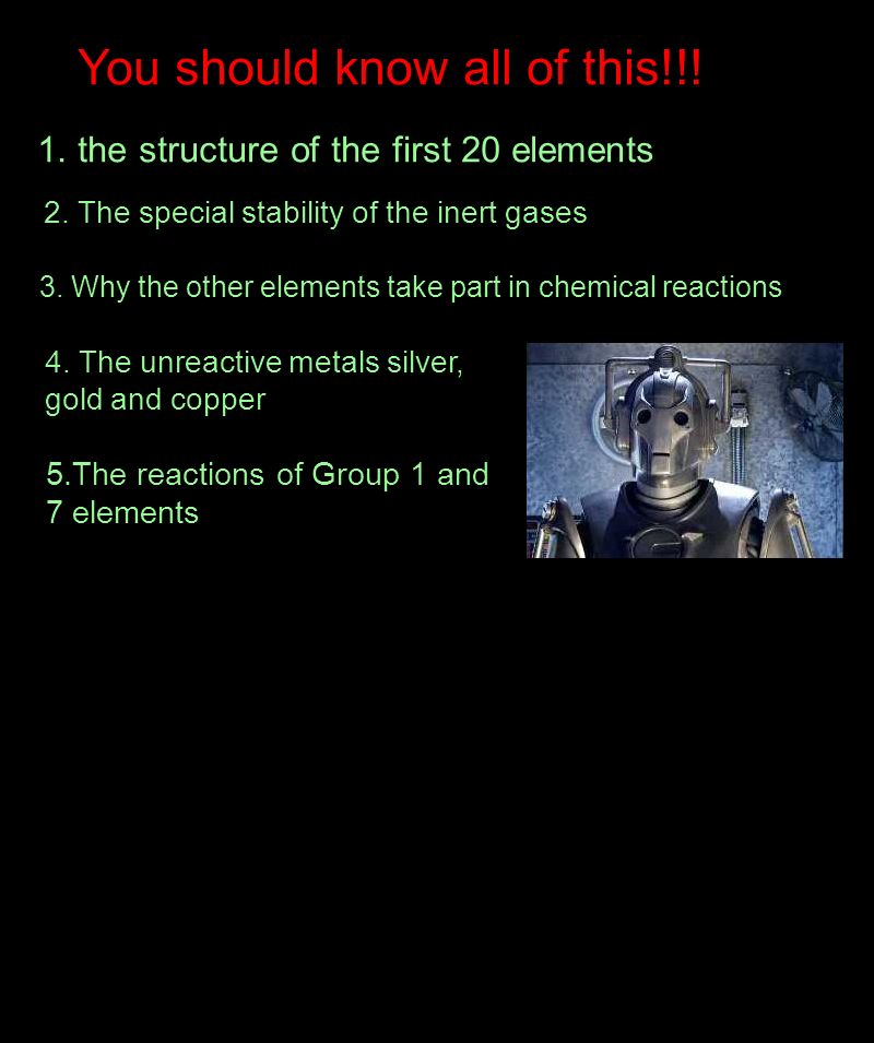 You should know all of this!!. 1. the structure of the first 20 elements 2.