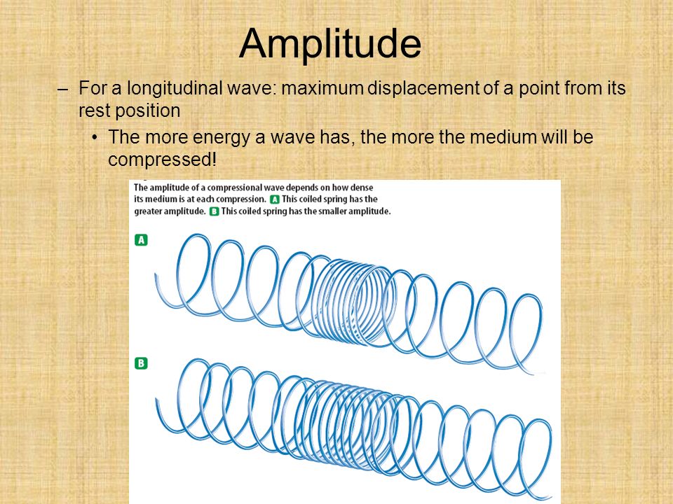 Amplitude –For a longitudinal wave: maximum displacement of a point from its rest position The more energy a wave has, the more the medium will be compressed!