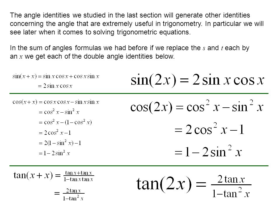 The angle identities we studied in the last section will generate other identities concerning the angle that are extremely useful in trigonometry.