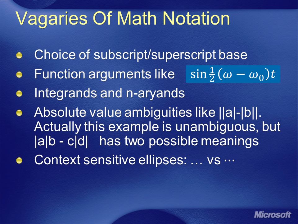 Vagaries Of Math Notation Choice of subscript/superscript base Function arguments like Integrands and n-aryands Absolute value ambiguities like ||a|-|b||.