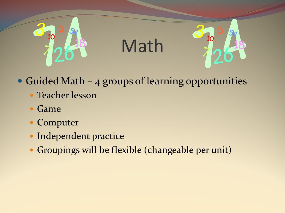Math Guided Math – 4 groups of learning opportunities Teacher lesson Game Computer Independent practice Groupings will be flexible (changeable per unit)