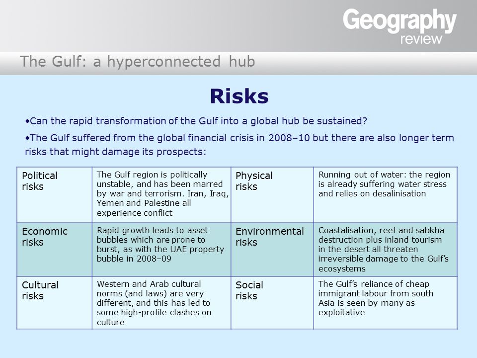 The Gulf: a hyperconnected hub Risks Can the rapid transformation of the Gulf into a global hub be sustained.