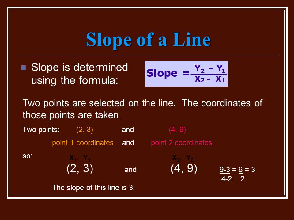 Slope of a Line Slope is determined using the formula: Two points are selected on the line.