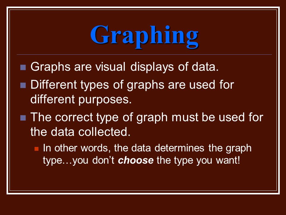 Graphing Graphs are visual displays of data.