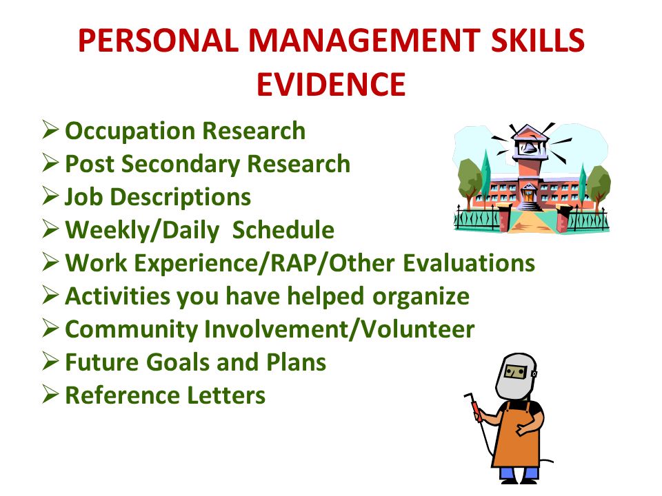 PERSONAL MANAGEMENT SKILLS EVIDENCE  Occupation Research  Post Secondary Research  Job Descriptions  Weekly/Daily Schedule  Work Experience/RAP/Other Evaluations  Activities you have helped organize  Community Involvement/Volunteer  Future Goals and Plans  Reference Letters
