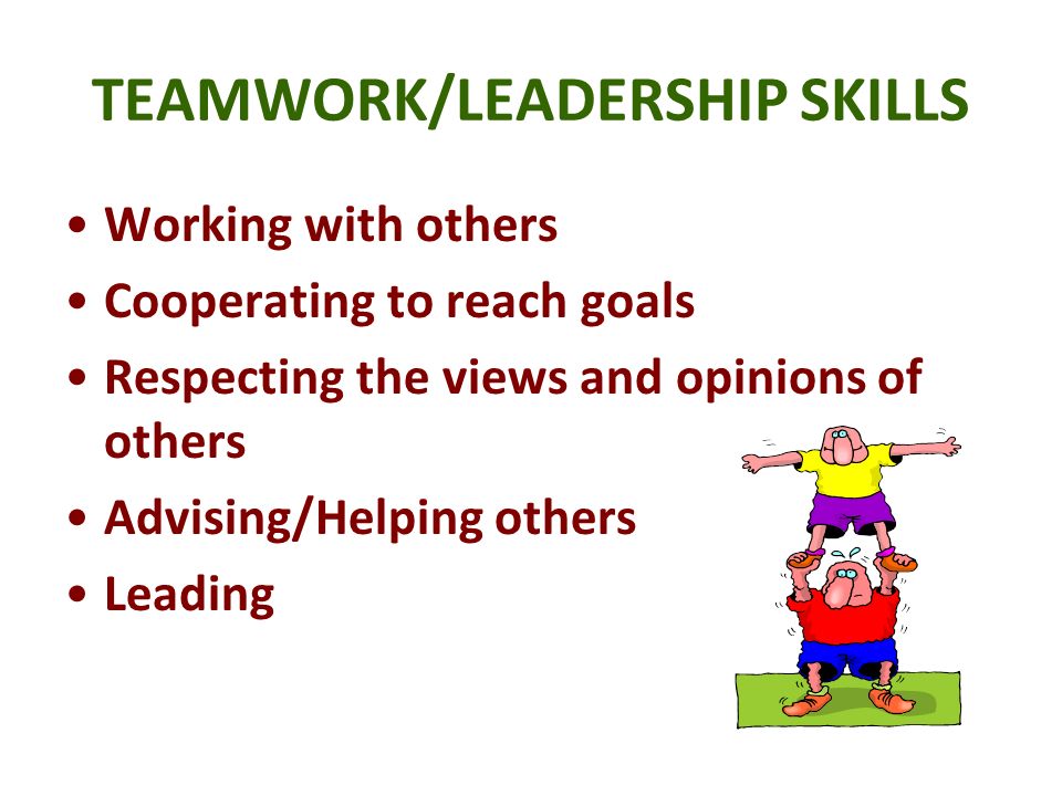 TEAMWORK/LEADERSHIP SKILLS Working with others Cooperating to reach goals Respecting the views and opinions of others Advising/Helping others Leading