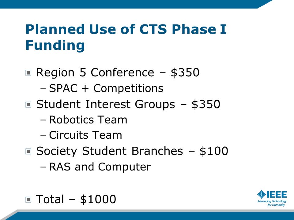 Planned Use of CTS Phase I Funding Region 5 Conference – $350 –SPAC + Competitions Student Interest Groups – $350 –Robotics Team –Circuits Team Society Student Branches – $100 –RAS and Computer Total – $1000